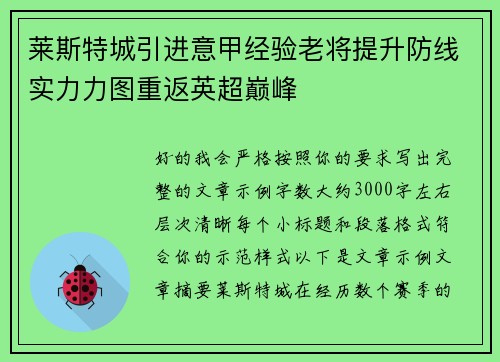 莱斯特城引进意甲经验老将提升防线实力力图重返英超巅峰